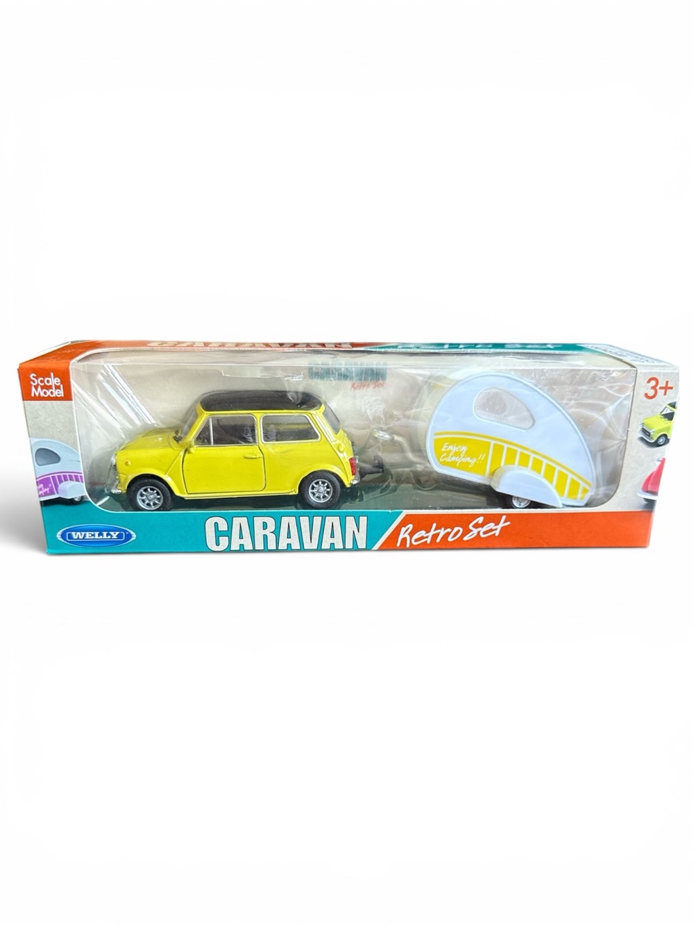 Welly Caravan Retro Set Yellow Mini Cooper Camper Trailer NIB